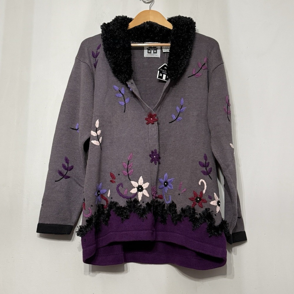 Storybook Knits Night Garden Embroidered Cardigan Sweater Floral Faux Fur NWT 1X